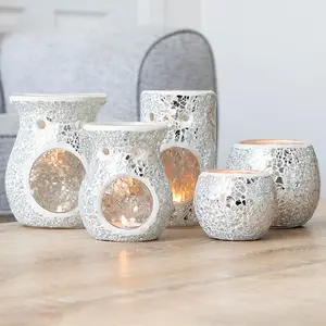 Silver Glass Flared Oil, Wax Melt Burner. Mirrored Crackle Effect. H14 cm