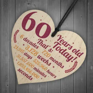 Red Ocean Novelty 60th Birthday Gift Wooden Hanging Heart Chic Sign Plaque Friendship Gift For Mum Dad Gift For Grandparents