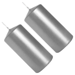 Pillar Candles, Pack of 2, Unscented, Long Burning Time, 10 x 5 cm / 4 x 2 in (Silver, Metallic)