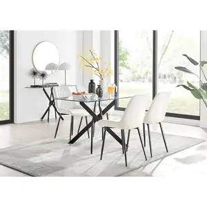 Lenworth Glass Rectangular Dining Table Set with 4 Luxury Velvet Chairs Cream/Black / Black