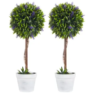 HOMCOM Set of 2 Potted Artificial Plants Ball Tree with Lavender Flowers, 60cm