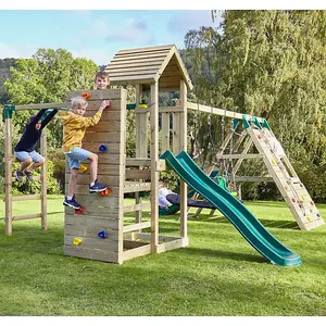 Rebo Wooden Climbing Frame with Vertical Rock Wall, Swing Set and Slides - Cairngorm+