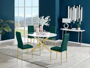 Furniturebox UK Novara White Gloss Gold Leg 120cm Round Dining Table & 4 Green Velvet Milan Gold Leg Chairs