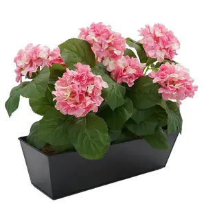 GreenBrokers Artificial Pink Hydrangea Flower in Black Tin Window Box (45cm)