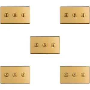 5 PACK 3 Gang Triple Retro Toggle Light Switch SCREWLESS SATIN BRASS 10A 2 Way