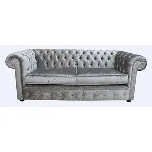 Chesterfield 3 Seater Sofa Settee Modena Silver Grey Velvet Fabric In Classic Style