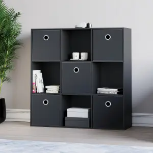 Vida Designs Durham Black 3x3 Cube Storage Unit & Set of 5 Black Foldable Cube Storage Baskets