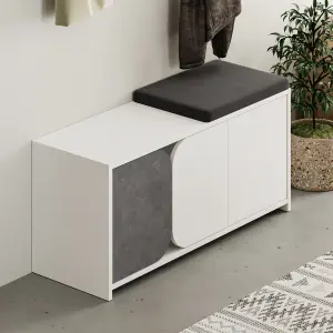 Decortie Modern Moni Shoe Cabinet White-Retro Grey 3-Door Storage Cabinet with 5-Hook Organiser Set Fabric Seat