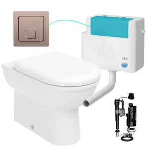 D Shape Back to Wall Toilet Pan Soft Close Seat & WRAS Concealed Cistern Set - Side Entry - Brushed Bronze Square Button