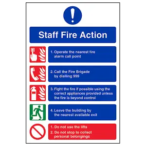 Staff Fire Action 999 Sign Procedure - Rigid Plastic - 150x200mm (x3)