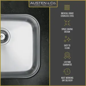 Austen & Co. Amalfi Large Stainless Steel Undermount Single Bowl Kitchen Sink, Lifetime Guarantee, Easy To Clean, Fast Delivery