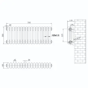 Braxton White Triple Horizontal Column Radiator - 300x785mm