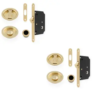 2 PACK - Sliding Pocket Door Lock & Latch Set - Satin Brass Rounded Forend Finger Pull