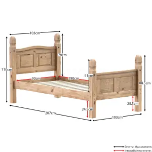 Vida Designs Corona 3ft Single Solid Wood Bed Frame Distressed Waxed Pine, High Foot End, 190 x 90cm