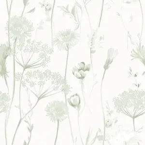 Catherine Lansfield Meadowsweet Floral Wallpaper Sage Green Muriva 165584