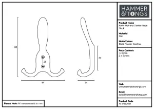 Hammer & Tongs - Rustic Hat and Double Robe Hook - W90mm x H140mm - Black