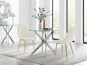 Furniturebox UK Novara 100cm Round  Dining Table and 2 Cream Pesaro Gold Leg Chairs