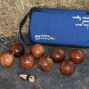 Wooden Boules Set - Pétanque - Deluxe Game Set - 8 Solid Engraved Balls with Padded Canvas Carry Case