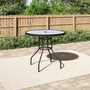 Black Round Garden Tempered Glass Wood Grain Coffee Table with Umbrella Hole 80cm