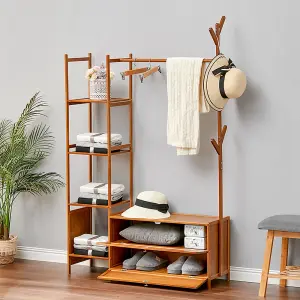 Bamboo Clothes Rail Clothing Hanging Stand Garment Rack with 2 Shoe Rack and 4 Shelves