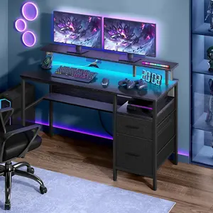 VASAGLE LED Gaming Desk with Built-In Power Outlets, Workstation with Shelf, Drawers, USB Ports, Ebony Black