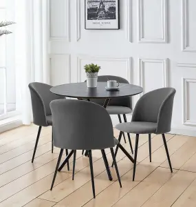 Hallowood Furniture Cullompton Small Round Black Dining Table 90cm with 4 Curved-back Dark Grey Fabric Chairs