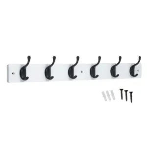 keypak 6 Matte Black Coat Hooks on White Wooden Board - 68cm Modern Wall Mounted Coat Rack Clothes Hanger