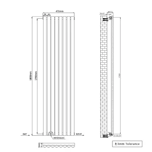 Right Radiators 1800x472mm Vertical Single Oval Column Designer Radiator Black