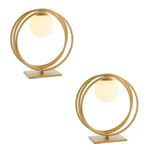 2 PACK Brushed Gold Table Lamp - Gloss Opal Glass Shade - Circular Hoop Design