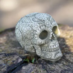 Blossom Skull Stone Statue Outdoor Gothic Skeleton Garden Ornament Decoration