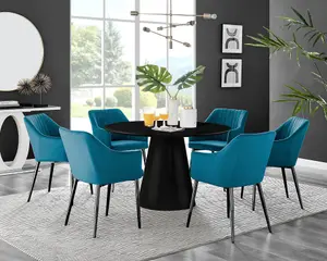 Furniturebox UK Palma Black Semi Gloss Round Pedestal Dining Table & 6 Blue Velvet Calla Black Leg Chairs