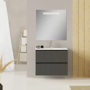 Banyetti Linea Matt Grey Ribbed Double Drawer Wall Hung Vanity Unit 800mm x 460mm