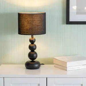 ValueLights Marissa Matt Black Stacked Ball Bedside Light Table Lamp with Drum Shade - LED Bulb Included