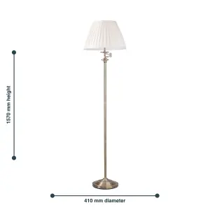 First Choice Lighting Antique Brass Swing Arm Floor Lamp with White Pleated Shade