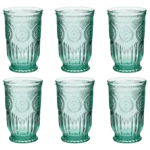 Set of 6 Luxury Embossed Green Tall Drinking Glass Tumblers 330ml