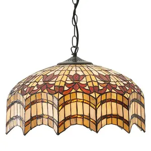 Tiffany Glass Hanging Ceiling Pendant Light Bronze & Scalloped Lamp Shade i00154