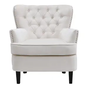 Off White Velvet Upholstered Occasional Armchair Studded Design Accent Chair with Ottoman Footstool