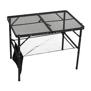 Black Aluminum Alloy Adjustable  Outdoor Folding Camping Table with Mesh Top and Storage Layer 90 cm (W)