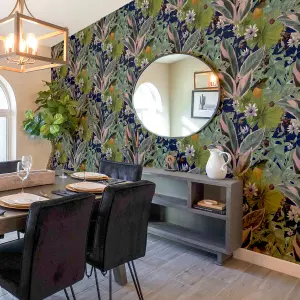 Arthouse Passion Flower Navy Wallpaper