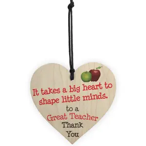 Red Ocean Great Teacher Big Heart Wooden Hanging Heart Thank You Plaque