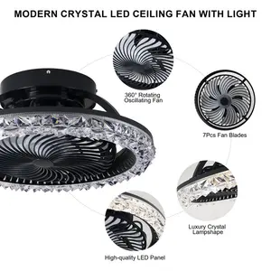 50cm Dimmable Crystal Caged Flush Mount Ceiling Fan with LED Lights and Remote Control