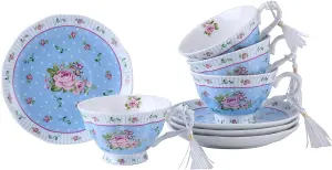 London Boutique Coffee Tea cup and Saucer set 4 Shabby Chic Vintage porcelain Bird Butterfly Flora Gift Box (Rose Blue)