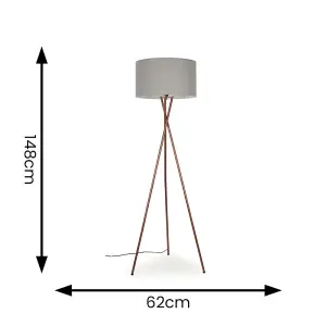 ValueLights Camden Modern Copper Metal Tripod Floor Lamp with Pale Grey Cylinder Shade - Includes 6w LED Bulb 3000K Warm White