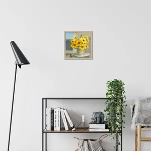 Sunflowers By The Sea Crop Light by Danhui Nai - Painting Natural Wood Framed Paper Print / 34cm H x 34cm W