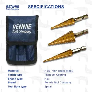 Rennie Tools 3 Piece HSS Step Drill Bit Set + Storage Pouch / 3-12mm 4-12mm 4-20mm / Titanium (TiN) Coated Cone Hole Cutter