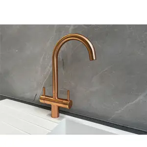 Liquida W03CP Swivel Spout Swan Neck Twin Lever Copper Kitchen Mixer Tap