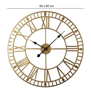 EOS - Skeleton Wall Clock with Roman Numerals - 60x60cm - (Gold)