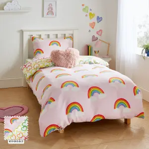 Catherine Lansfield Bedding Rainbow Hearts Cosy Fleece Reversible Duvet Cover Set with Pillowcase Pink