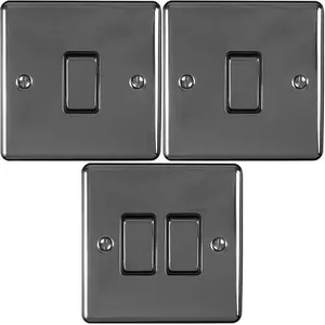 Light Switch Pack - 2x Single & 1x Double Gang - BLACK NICKEL / Black 2 Way 10A