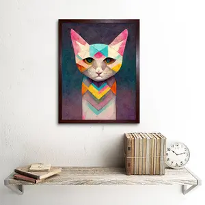 Geometric Colourful Multicoloured Pastel Cat - Painting Brown Framed Paper / 43cm H x 33cm W